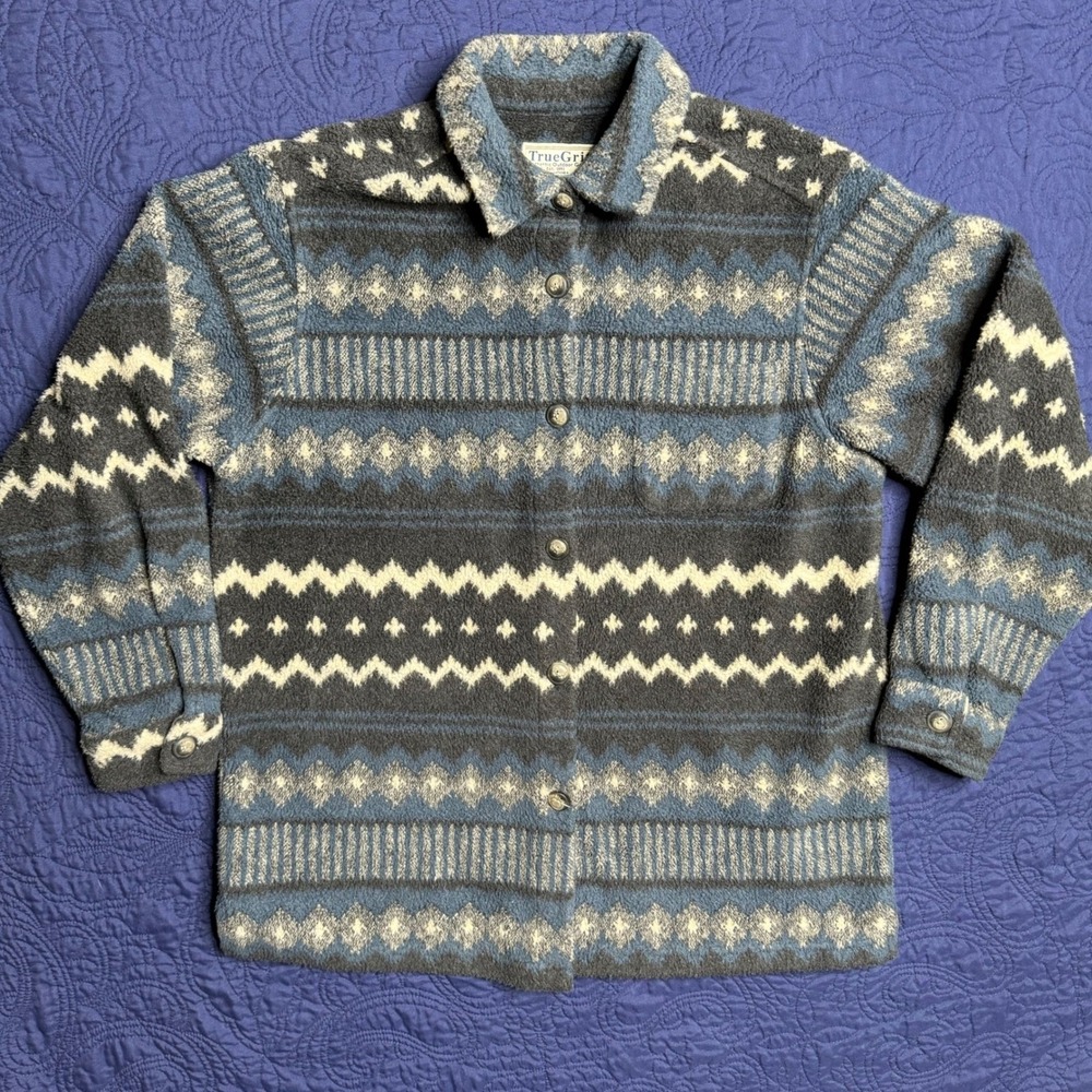 True Grit Mens Fleece Shirt Jacket Blue Southwestern Geometric Large USA